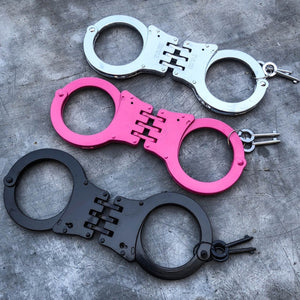 PROFESSIONAL METAL DOUBLE LOCK BLACK STEEL HINGED POLICE HANDCUFFS