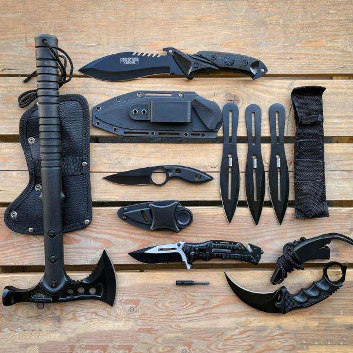 4PC Black Tactical Survival Hunting Combat Camping Pocket Knife Set Axe Pen  EDC