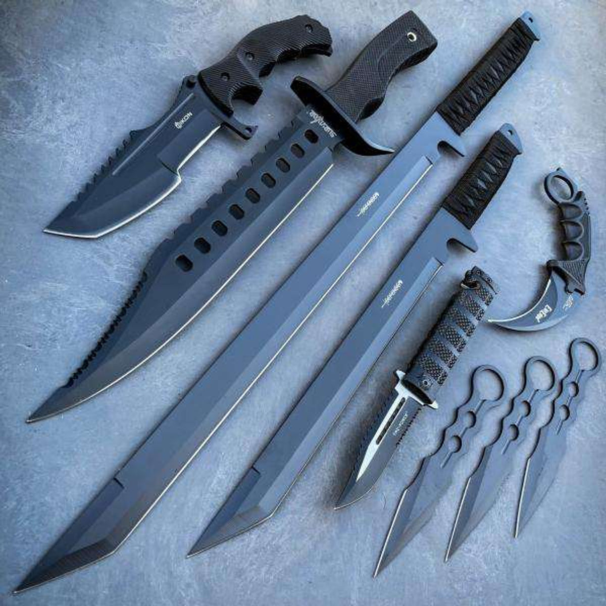 6PC All Black Tactical Ninja Assassin Set - Sword Knives Tactical Pen  Handcuffs - MEGAKNIFE