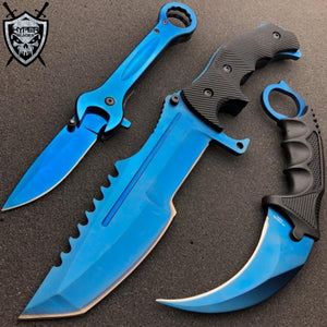 3 PC TACTICAL HUNTING FIXED BLADE KNIFE KARAMBIT TOOL BLUE SET