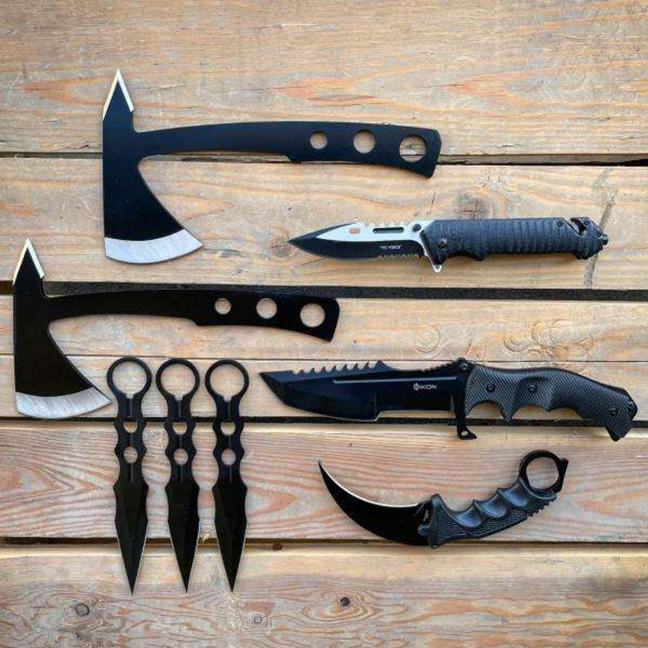 9PC Black Tactical Fixed Blade Sword Machete Axe Hatchet Karambit