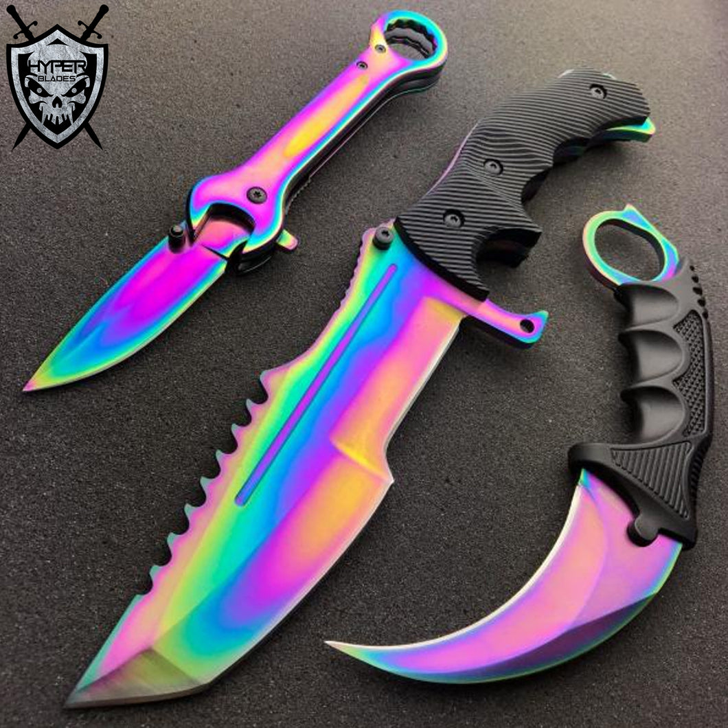 3 PC RAINBOW FADE TACTICAL HUNTING FIXED BLADE KNIFE KARAMBIT SET WRENCH TOOL