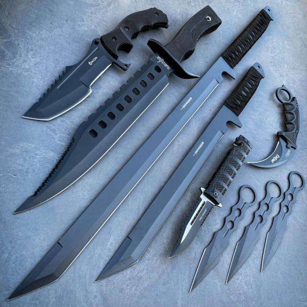 9 PC BLACK TACTICAL FIXED BLADE SWORD MACHETE AXE HATCHET KARAMBIT KNIFE SET