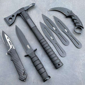 7 PC BLACK OUTDOOR CAMPING SURVIVAL COMBAT HUNTING TACTICAL SET